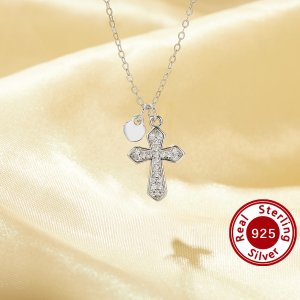 1PCS Cross White Cubic Zirconia Pendant Necklace,Solid 925 Sterling Silver Necklace,Dainty Pave CZ Stone Cross Necklace Chain 16\'\'+2\'\' 6190086