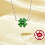 Lucky Four Leaf Clover Pendant Necklace With 4 Stone 4MM Heart Green Cubic Zirconia,Solid 925 Sterling Silver Necklace 16''+2'' 6170047