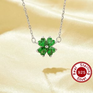 Lucky Four Leaf Clover Pendant Necklace With 4 Stone 4MM Heart Green Cubic Zirconia,Solid 925 Sterling Silver Necklace 16\'\'+2\'\' 6170047