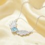 Angel Wings Pendant Necklace With 8MM Heart Sky Blue Cubic Zirconia,Solid 925 Sterling Silver Necklace,Dainty Necklace 6170049