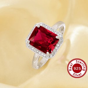 Elegant Rectangle Simulated Ruby Ring With 8x10MM Rectangle Ruby,Solid 925 Sterling Silver Ring,July Birthstone Rectangle Ring 6250052