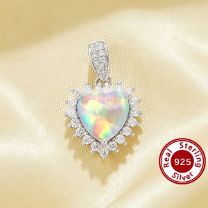 Heart Simulated Opal Pendant With 8MM Heart Color Change Simulated Opal,Solid 925 Sterling Silver Pendant Charm,October Birthstone Pendant 6170051