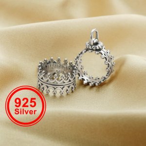 12MM Round Beads Holder Pendant Bezel Settings,Crown Antiqued Solid 925 Sterling Silver Pendant Charm,DIY Pendant Beading Supplies 1800571