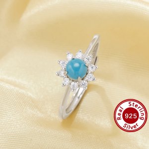 1PCS Round Blue Simulated Turquoise Ring,Flower Solid 925 Sterling Silver Ring,December Birthstone Ring,Adjustable Ring,Vintage Styles Ring 6210282