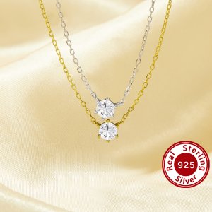 1PCS 4MM Round White Cubic Zirconia Charm Necklace,Solid 925 Sterling Silver Gold Plated Necklace,Minimalist CZ Stone Necklace Chain 16\'\'+2\'\' 6110138