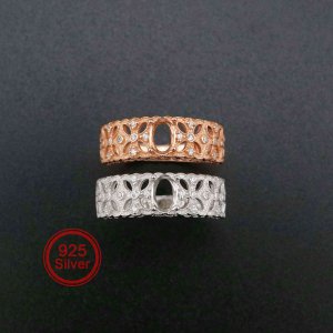 1Pcs 4x6MM Oval Bezel Vintage Style Filigree Shank Rose Gold Plated Solid 925 Sterling Silver Adjustable Prong Ring Settings Blank for Gemstone 1224035