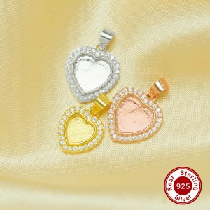 Keepsake Breast Milk Resin Halo Heart Bezel Pendant Blank Settings,Solid Back Solid 925 Sterling Silver Rose Gold Plated Charm,Pave Cz Stone Pendant 1431315