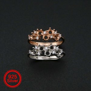 1Pcs 3MM Round Prong Ring Settings Blank 5 Stones Adjustable Rose Gold Plated Solid 925 Sterling Silver DIY Bezel Tray for Gemstone 1210075