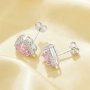 Elegant Halo Heart Studs Earrings With 6MM Heart Pink Cubic Zirconia,Solid 925 Sterling Silver Earring,Pave CZ Stone Heart Earrings 6370020