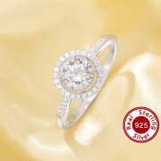 Halo Round Simulated Diamond Ring With 6MM Round White Cubic Zirconia,Solid 925 Sterling Silver Ring,Pave CZ Stone Round Ring 6210315