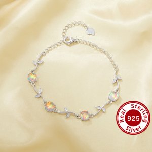 1PCS Flower Branch Color Change Simulated Opal Charm Bracelet,Solid 925 Sterling Silver Bracelet With Chain 5.9\'\'+2\'\' 6410041