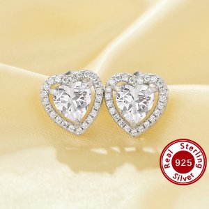 Elegant Halo Heart Simulated Diamond Studs Earrings With 6MM Heart White Cubic Zirconia,Solid 925 Sterling Silver Earring,Pave CZ Stone Heart Earrings 6370019