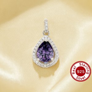 Pear Pendant With 6x8MM Pear Purple Cubic Zirconia,Solid 925 Sterling Silver Pendant Charm,Pave CZ Stone Pear Pendant 6130043