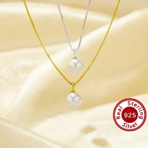 1PCS 7MM Round White Shell Pearl Beads Pendant Necklace,Solid 925 Sterling Silver Gold Plated Necklace,Minimalist Shell Pearl Necklace Chain 16\'\'+2\'\' 6110140