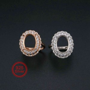 1Pcs 10x14MM Oval Double Halo Pave CZ Stone Vinatge Style Rose Gold Plated Solid 925 Sterling Silver Adjustable Prong Ring Settings Blank for Gemstone 1224029