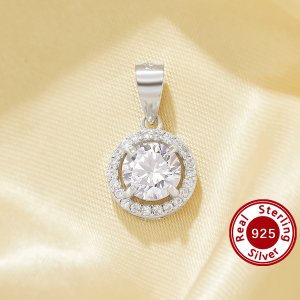 Halo Round Stone Pendant With 6MM White Cubic Zirconia,Solid 925 Sterling Silver Pendant Charm,Pave CZ Stone Pendant Charm 6110162