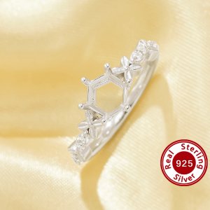 US Size 6.75 Hexagon Prong Ring Settings,Solid 925 Sterling Silver Ring,Flower Art Deco Ring,Dainty Hexagon Ring,DIY Ring Supplies For Gemstone 1294883