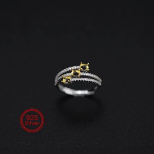 1Pcs 3x4MM Oval Three Stones Prong Bezel Gold Plated Solid 925 Sterling Silver Pave Bypass Shank DIY Adjustable Ring Settings for Moissanite Gemstone 1222020