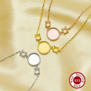 8MM Keepsake Breast Milk Resin Round Pendant Blank Bezel Settings with 4MM Prongs Settings,Solid 925 Sterling Silver Necklace Chain 16\'\'+2\'\' 1431284