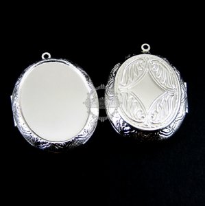 5Pcs 30x40mm cabochon setting size vintage flower engraved brass silver oval photo locket 1122006