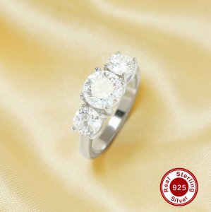 Three Stone Halo Round Ring With White Cubic Zirconia,Solid 925 Sterling Silver Ring,Family Ring,Elegant Ring 6210293