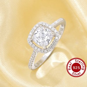 Elegant Cushion Square Simulated Diamond Ring With 6MM Square Cubic Zirconia,Solid 925 Sterling Silver Ring,Pave CZ Stone Square Ring 6240026