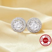 Halo Round Simulated Diamond Studs Earrings With 6MM Round White Cubic Zirconia,Solid 925 Sterling Silver Earring,Pave CZ Stone Round Studs Earrings 6310095