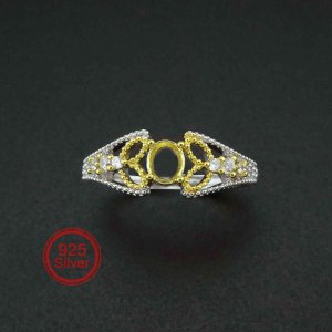 1Pcs 4x5MM Oval Bezel Lace Vintage Style Gold Plated Solid 925 Sterling Silver Adjustable Prong Ring Settings Blank for Gemstone 1212056