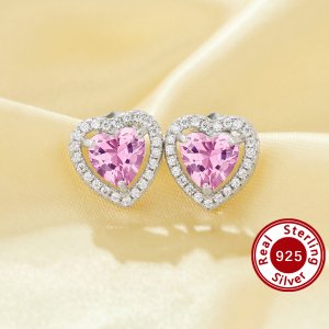 Elegant Halo Heart Studs Earrings With 6MM Heart Pink Cubic Zirconia,Solid 925 Sterling Silver Earring,Pave CZ Stone Heart Earrings 6370020