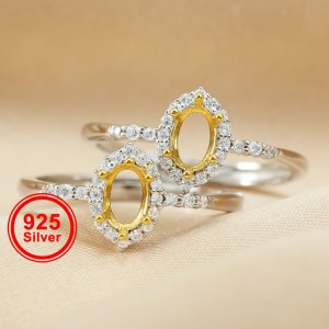 1Pcs 4x6MM Solid 925 Sterling Silver Oval Gold Plated Prong Bezel DIY Adjustable Ring Settings for Gemstone Moissanite 1222023