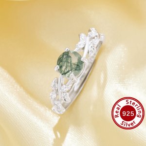 Tree Branch Leaf Ring With 6MM Round Green Moss Agate,Solid 925 Sterling Silver Ring,Adjustable Ring,Unique Nature Gemstone Ring 6210289