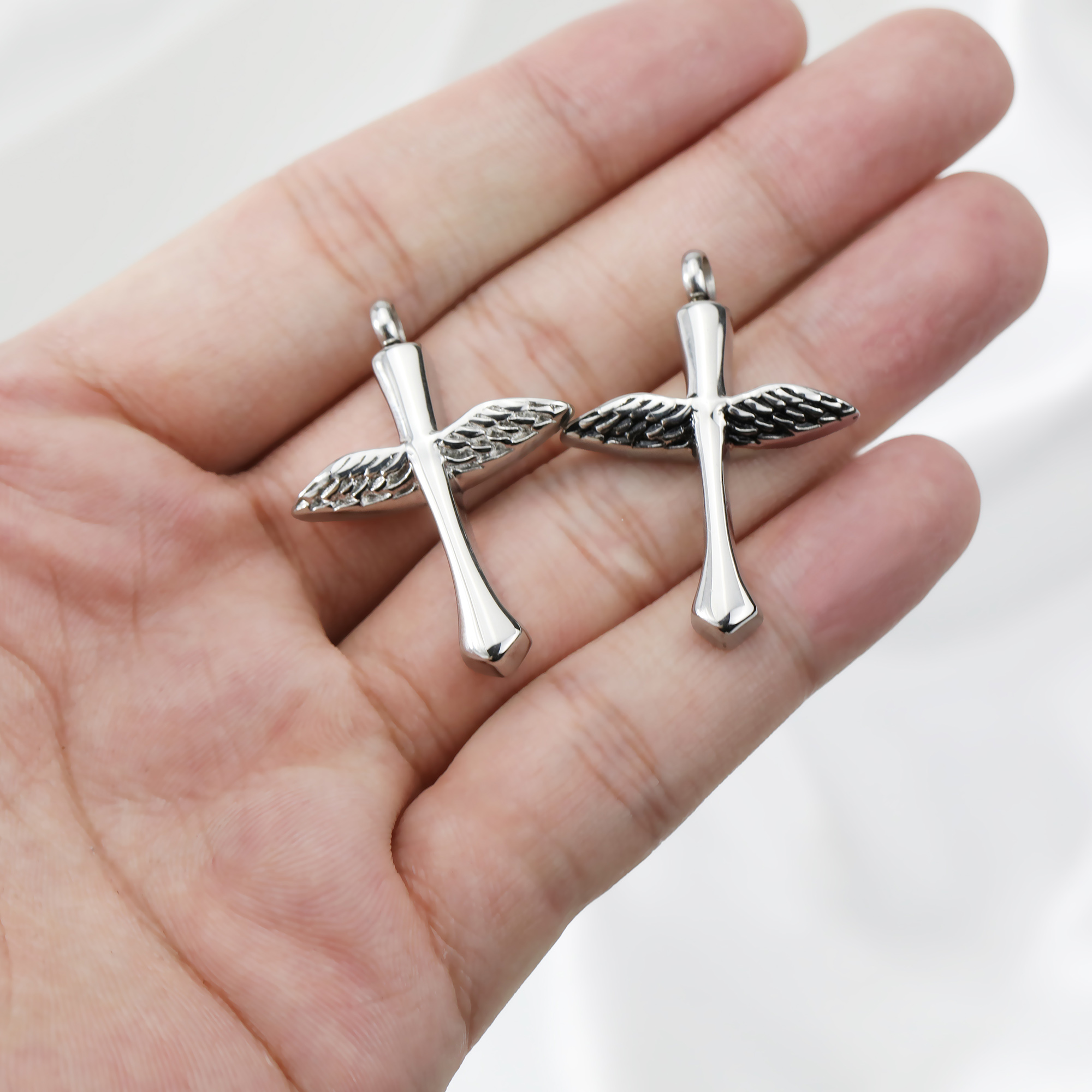 Keepsake Ash Canister Cremation Urn Set Cross Angel Wing Stainless Steel Wish Vial Pendant Prayer Box 26x38MM 1190044 - Click Image to Close