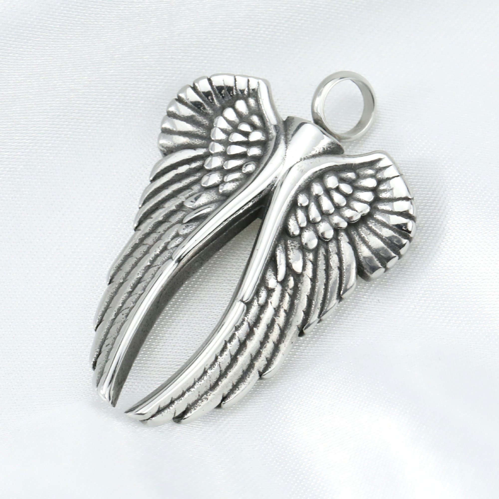 Keepsake Ash Canister Cremation Urn Set Antiqued Silver Angel Wings Stainless Steel Wish Vial Pendant Prayer Box 27x40MM 1190051 - Click Image to Close