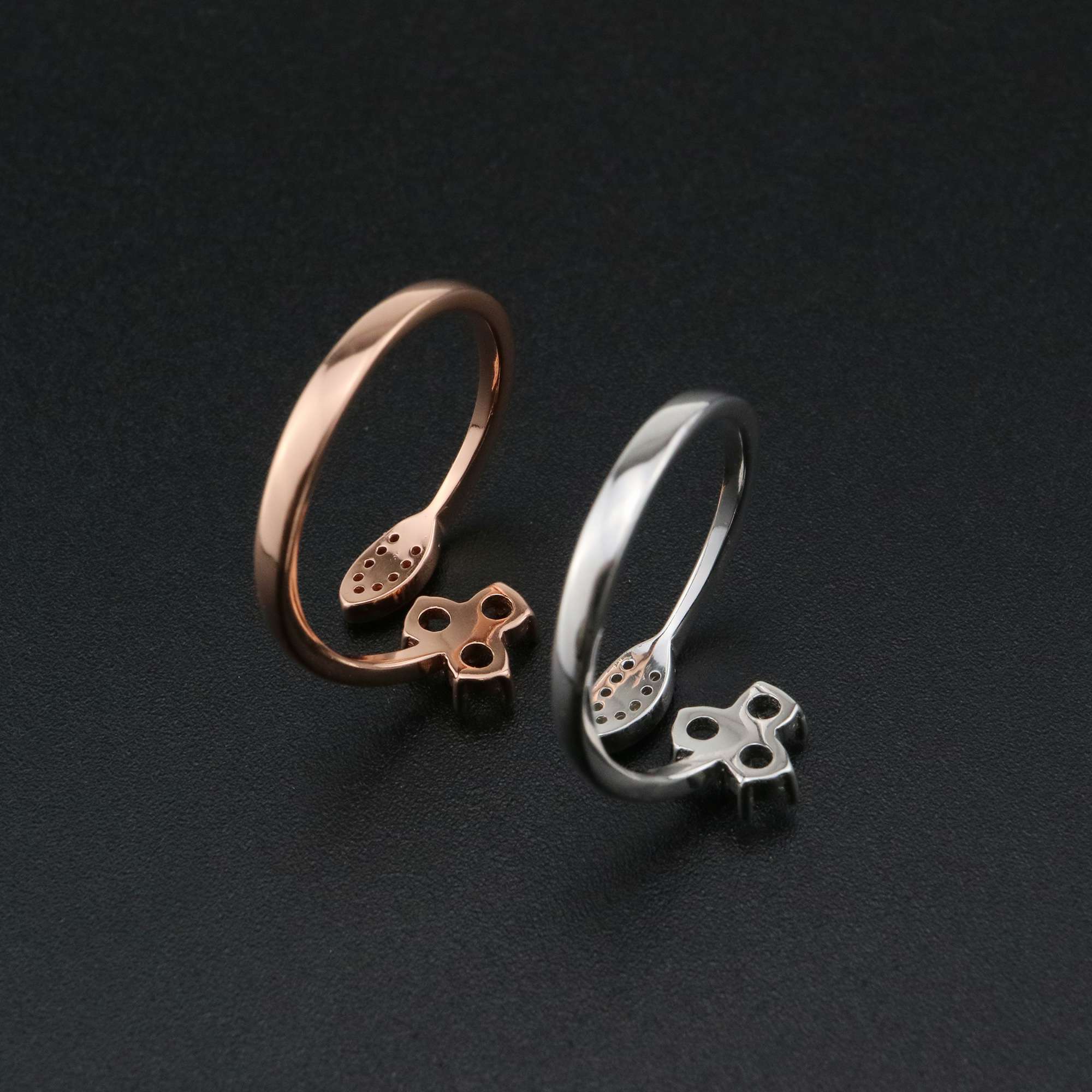 1Pcs 3MM Round 3 Stones Flower Leaf Rose Gold Plated Solid 925 Sterling Silver Adjustable Prong Ring Settings Blank for Gemstone 1210070 - Click Image to Close