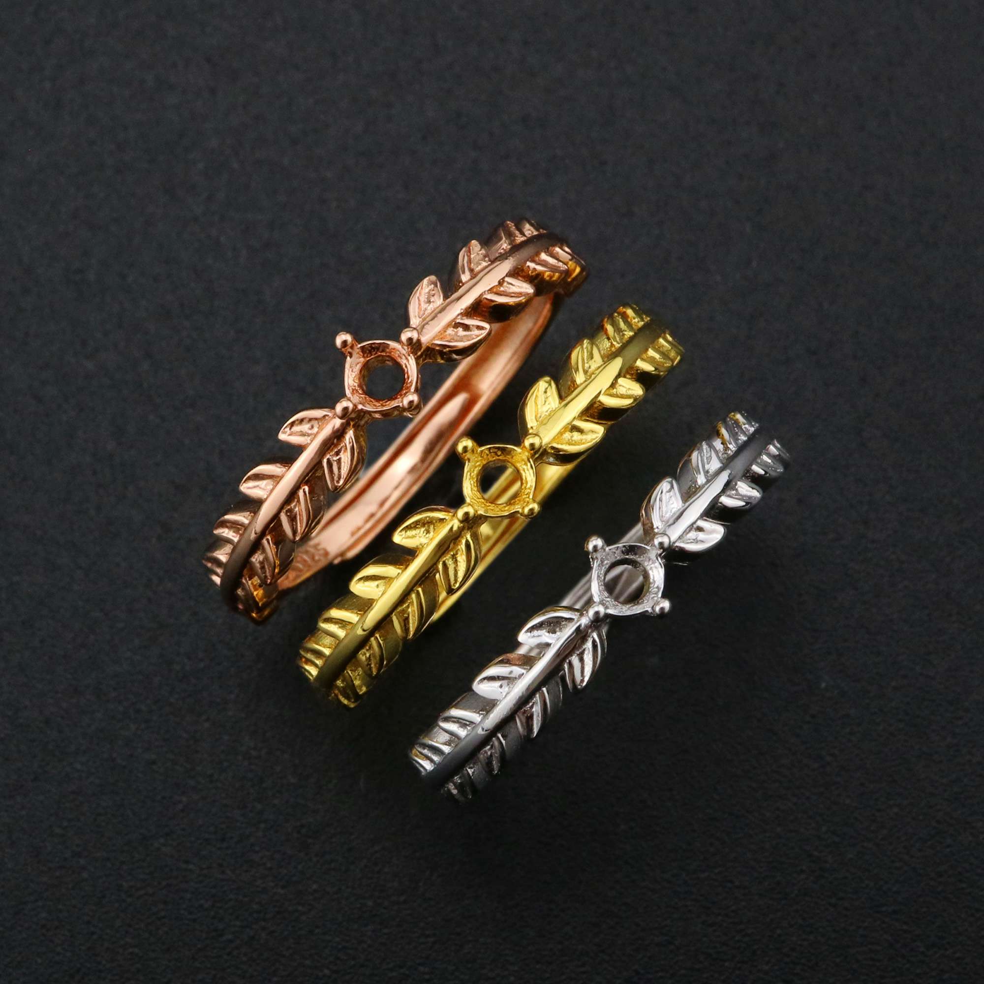 3MM Round Prong Ring Settings Stackable Tree Leaf Solid 925 Sterling Silver Rose Gold Plated DIY Adjustable Ring Bezel for Gemstone 1210091 - Click Image to Close