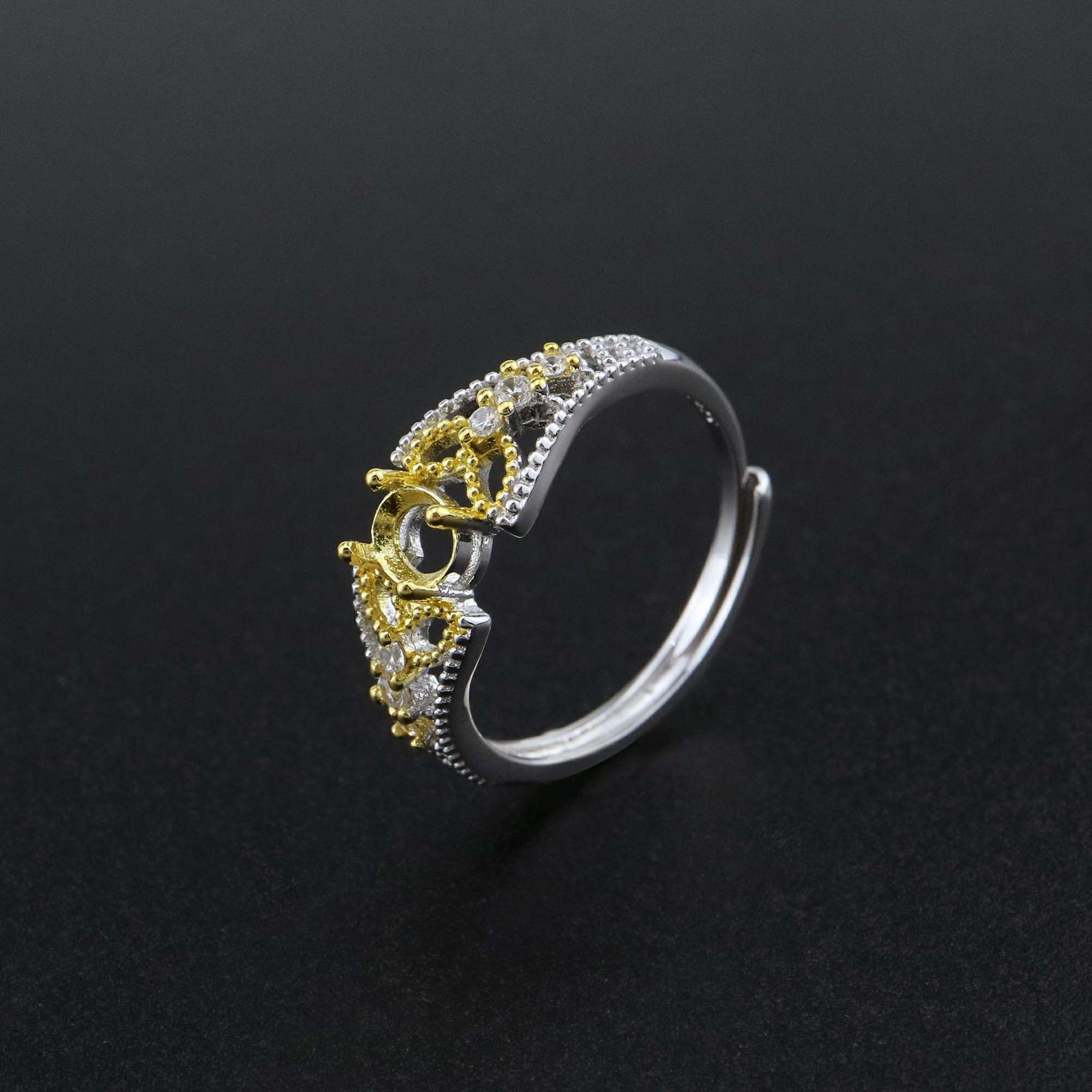 1Pcs 4x5MM Oval Bezel Lace Vintage Style Gold Plated Solid 925 Sterling Silver Adjustable Prong Ring Settings Blank for Gemstone 1212056 - Click Image to Close