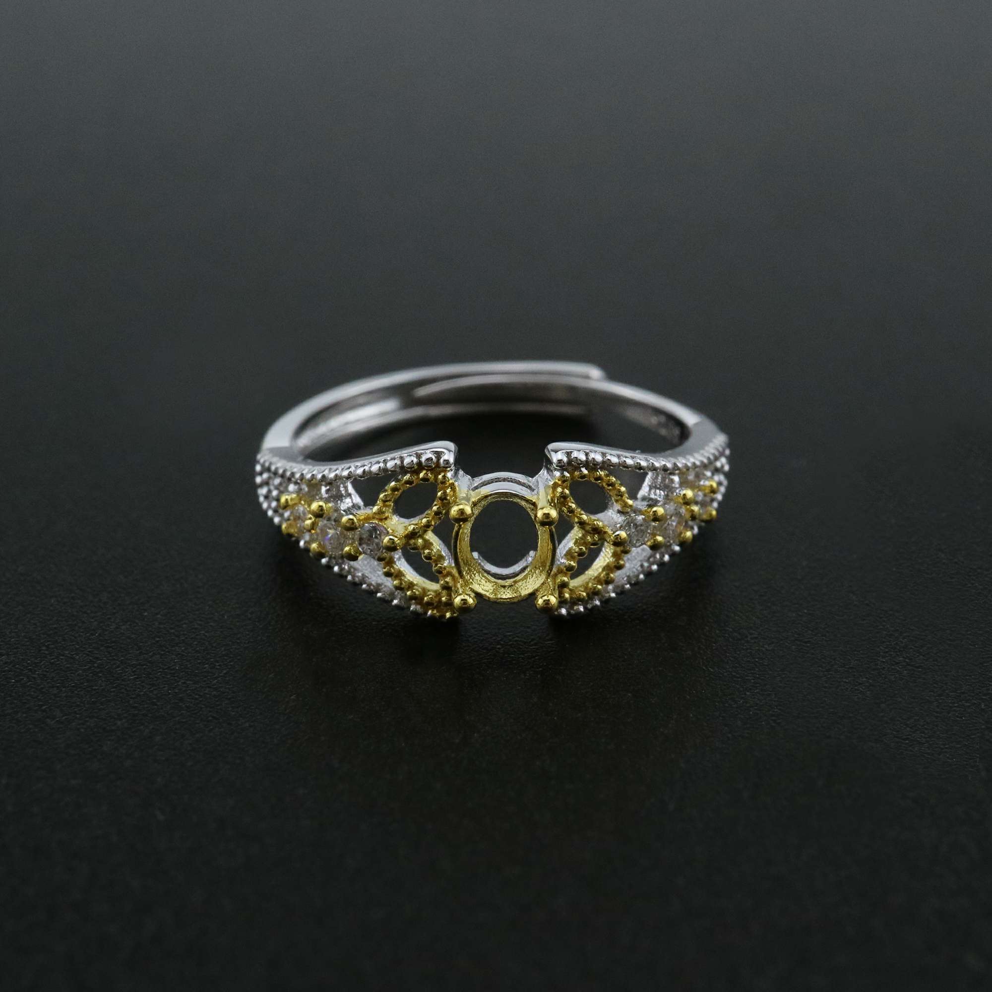 1Pcs 4x5MM Oval Bezel Lace Vintage Style Gold Plated Solid 925 Sterling Silver Adjustable Prong Ring Settings Blank for Gemstone 1212056 - Click Image to Close