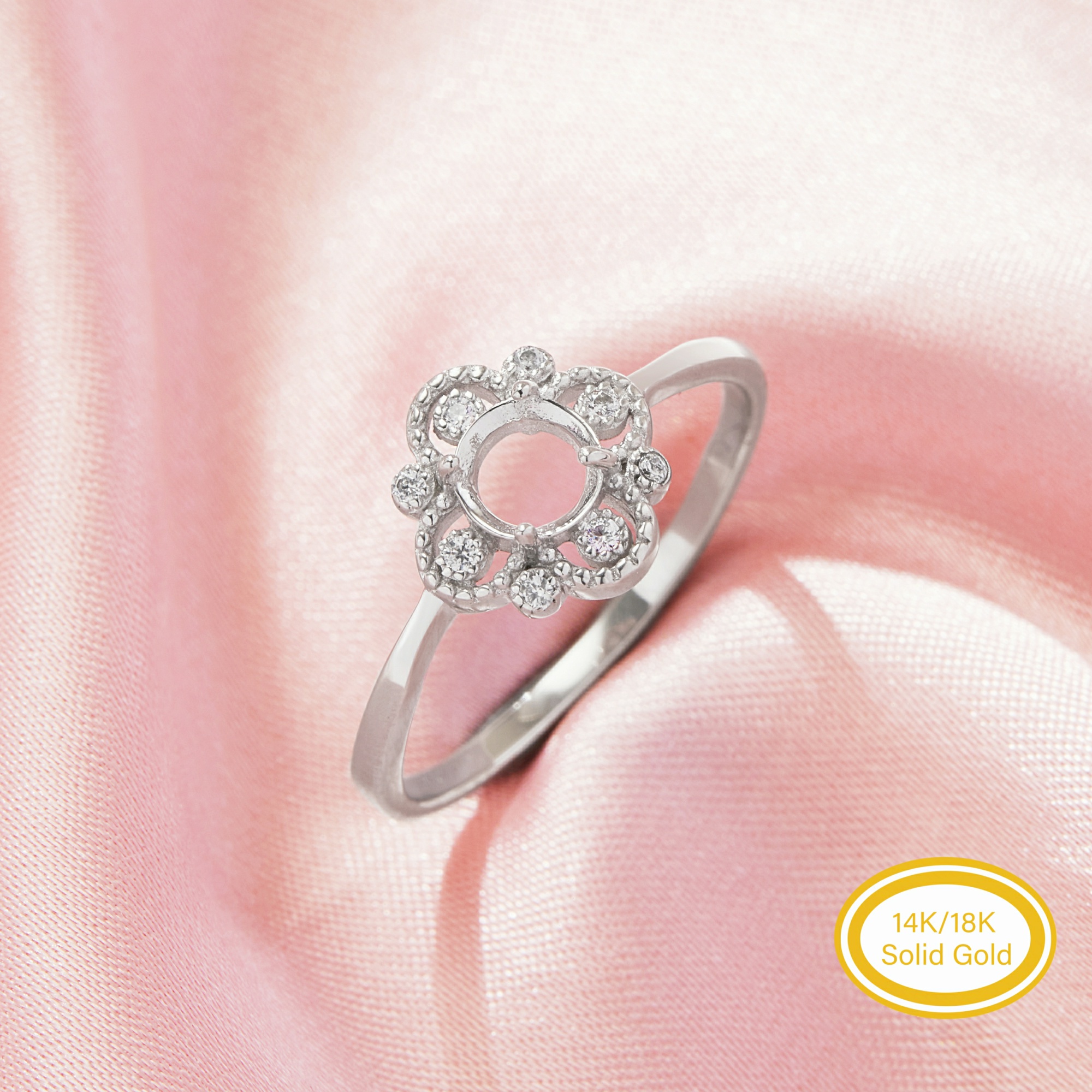 4MM Round Prong Ring Settings, Flower Solid 14K 18K Gold Ring,Vintage Styles Flower Ring,DIY Ring Supplies For Gemstone 1212137 4MM Round Prong Ring Settings, Flower Solid 14K 18K Gold Ring,Vintage Styles Flower Ring,DIY Ring Supplies For Gemstone 1212137