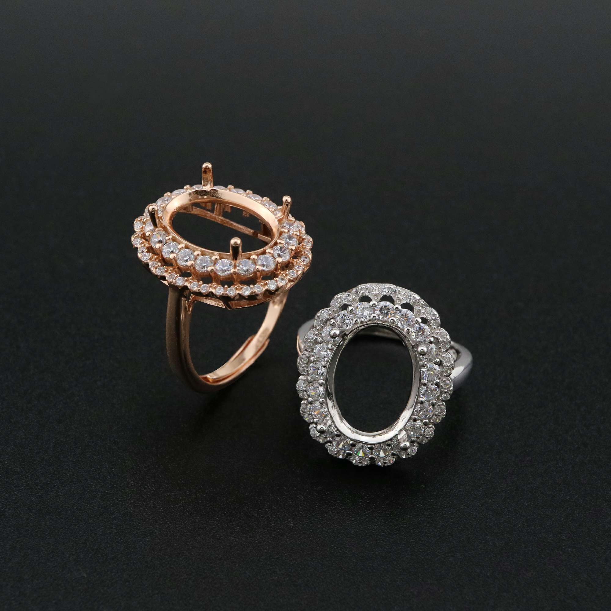 1Pcs 10x14MM Oval Double Halo Pave CZ Stone Vinatge Style Rose Gold Plated Solid 925 Sterling Silver Adjustable Prong Ring Settings Blank for Gemstone 1224029 - Click Image to Close