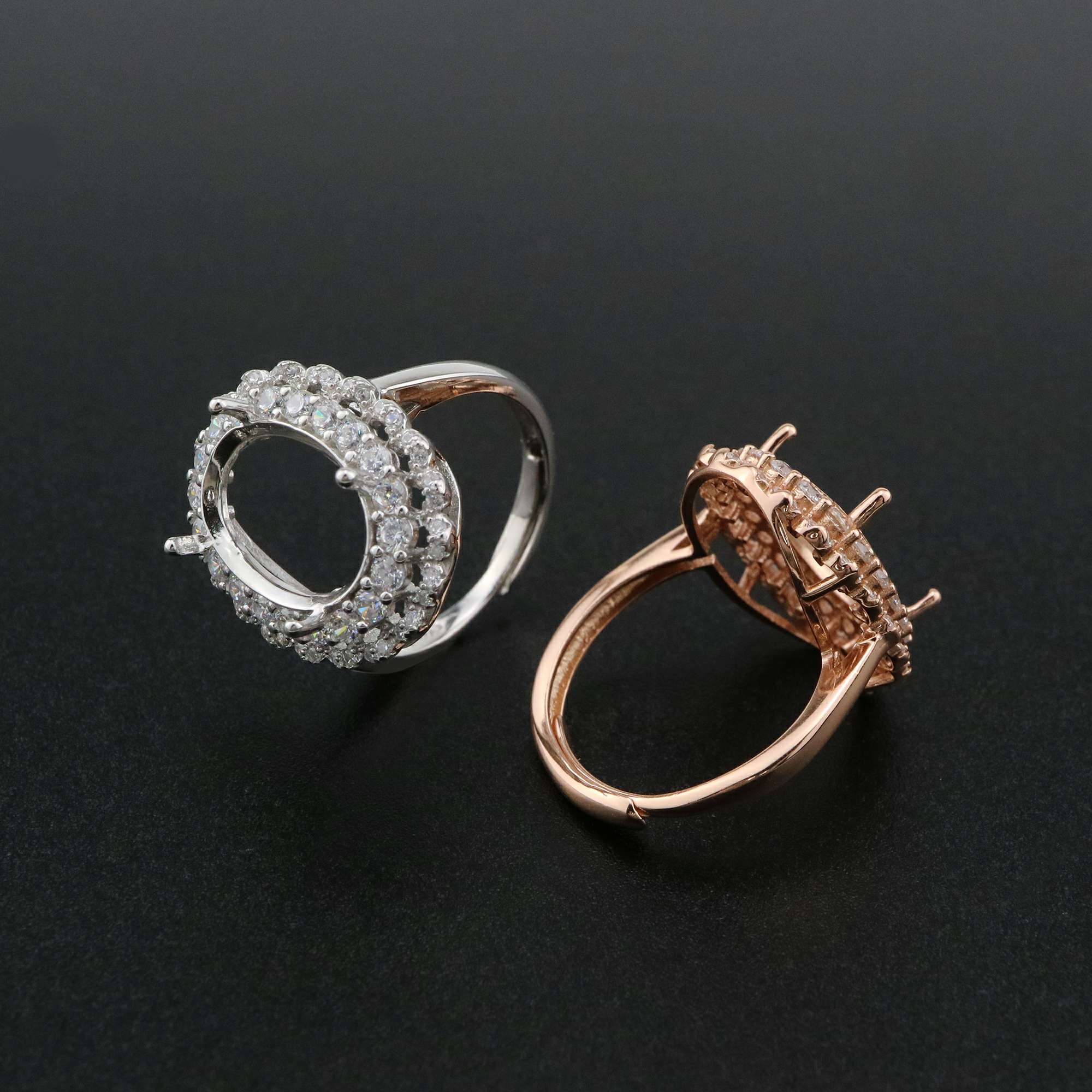 1Pcs 10x14MM Oval Double Halo Pave CZ Stone Vinatge Style Rose Gold Plated Solid 925 Sterling Silver Adjustable Prong Ring Settings Blank for Gemstone 1224029 - Click Image to Close