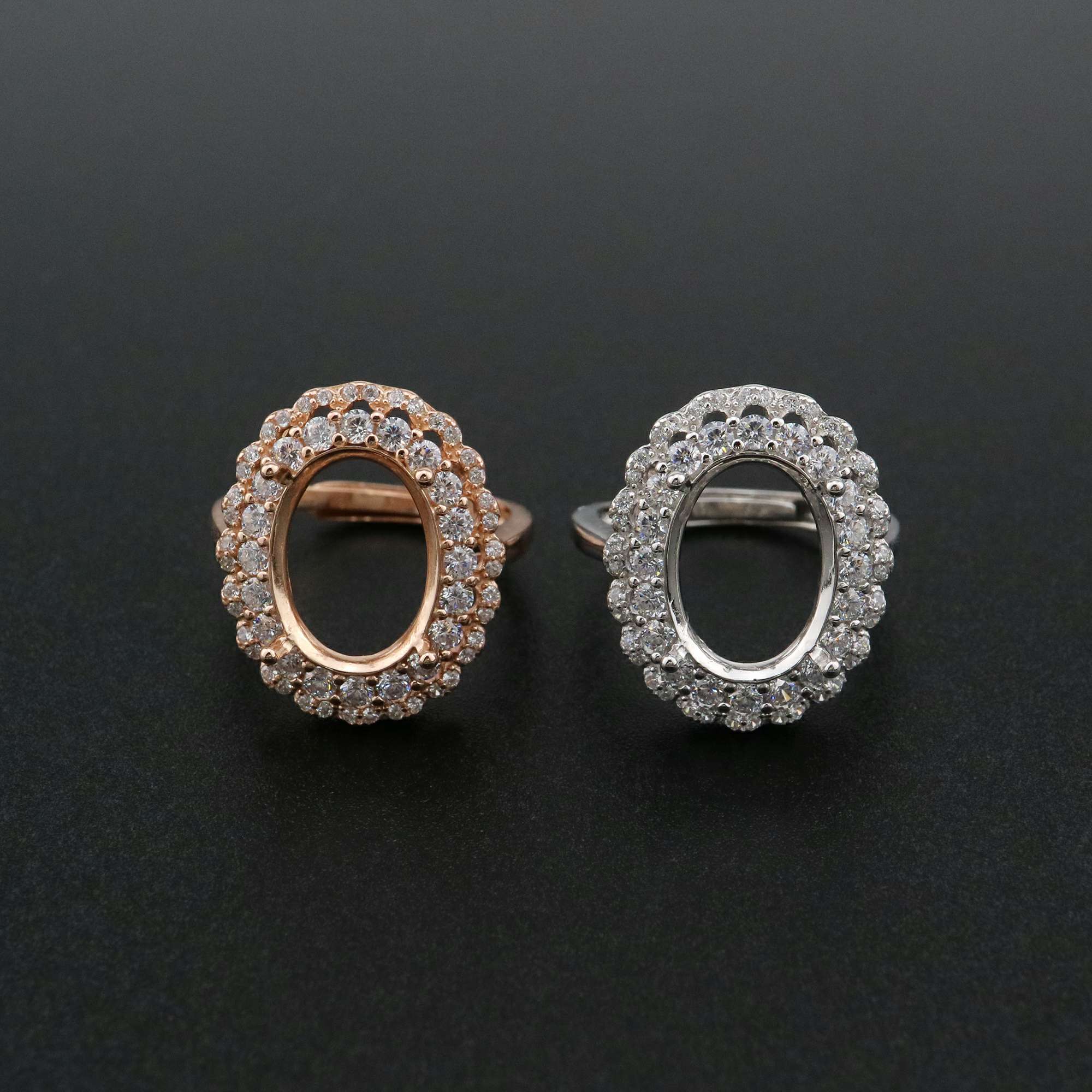 1Pcs 10x14MM Oval Double Halo Pave CZ Stone Vinatge Style Rose Gold Plated Solid 925 Sterling Silver Adjustable Prong Ring Settings Blank for Gemstone 1224029 - Click Image to Close