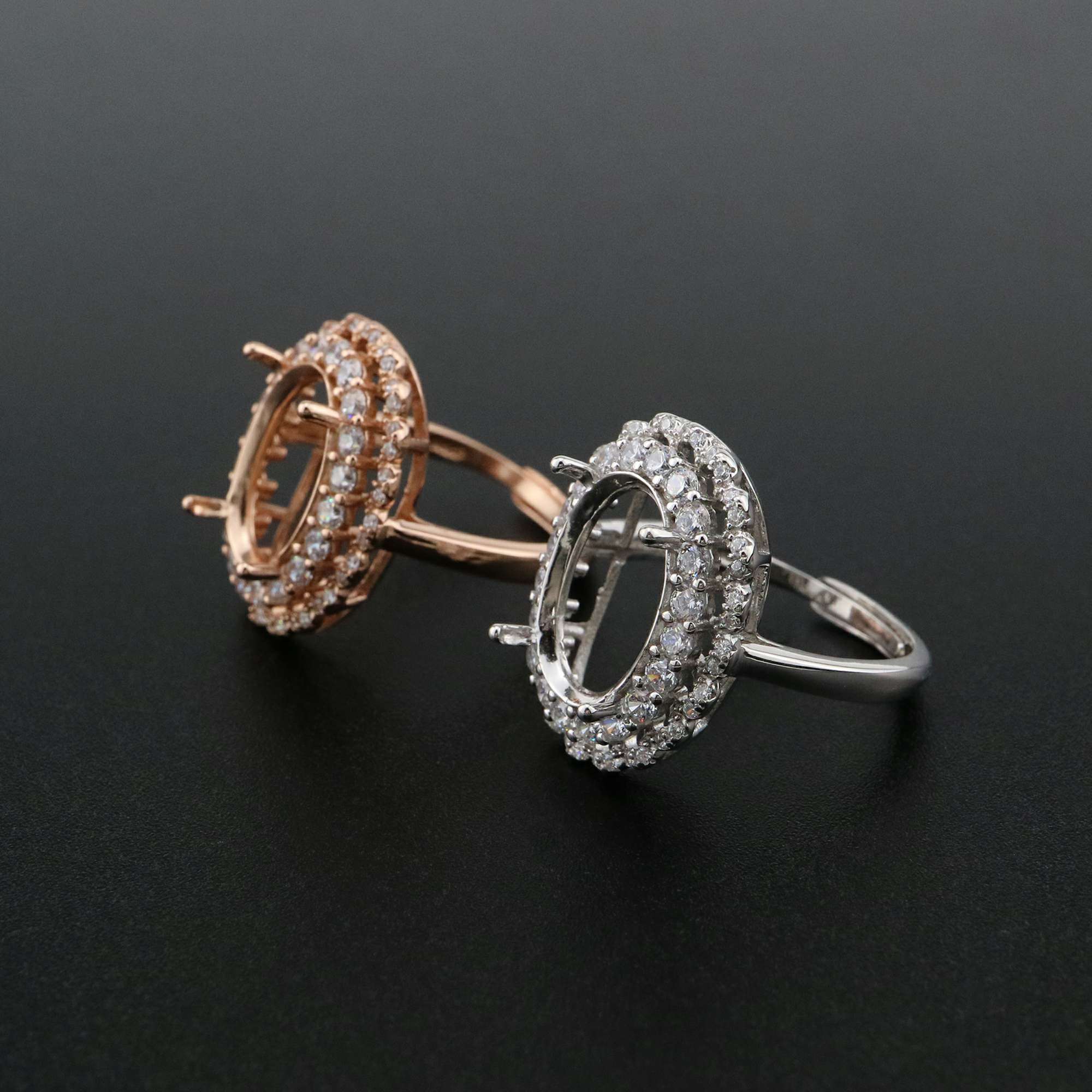 1Pcs 10x14MM Oval Double Halo Pave CZ Stone Vinatge Style Rose Gold Plated Solid 925 Sterling Silver Adjustable Prong Ring Settings Blank for Gemstone 1224029 - Click Image to Close