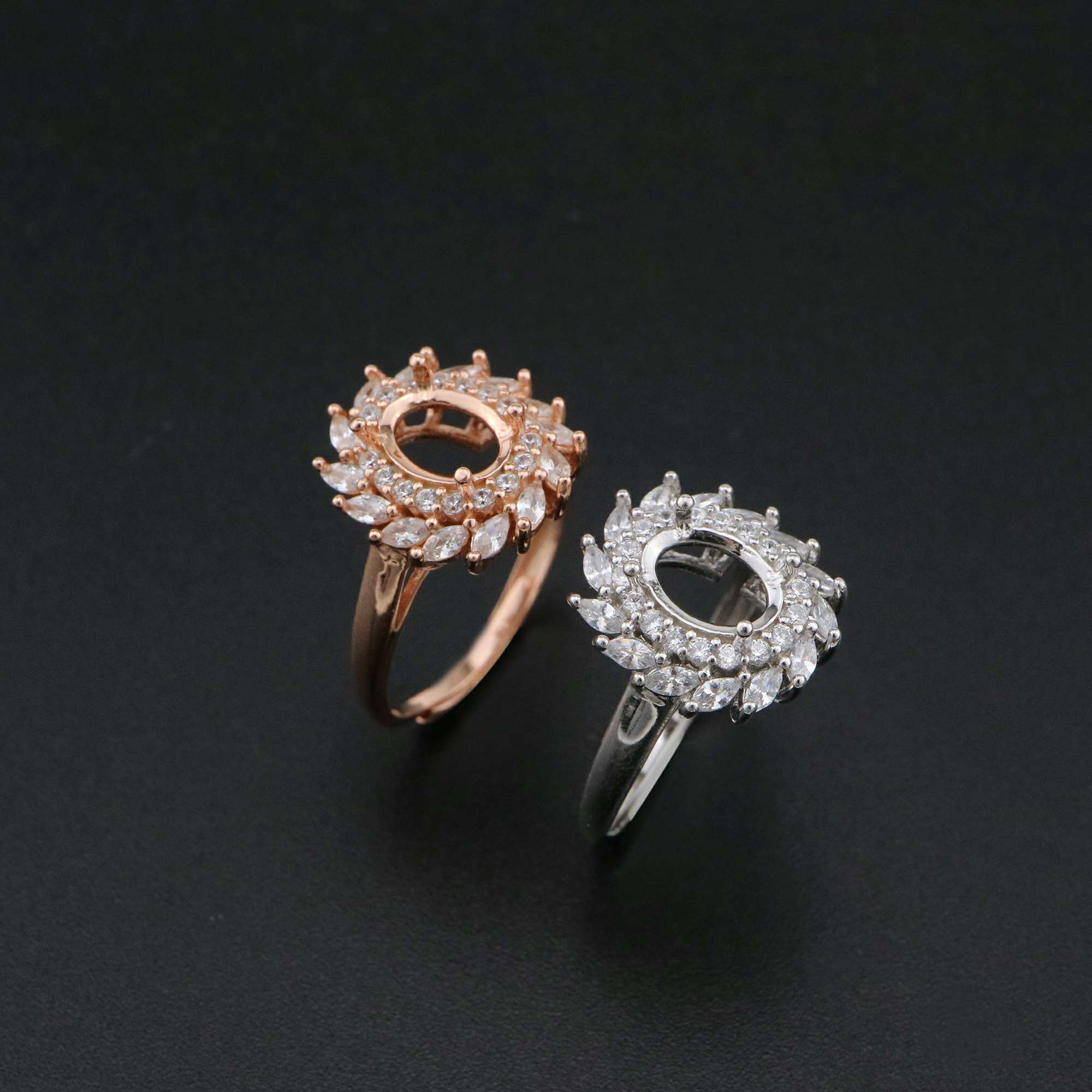 1Pcs 6x8MM Oval Double Halo Flower Pave CZ Stone Vinatge Style Rose Gold Plated Solid 925 Sterling Silver Adjustable Prong Ring Settings Blank for Gemstone 1224030 - Click Image to Close