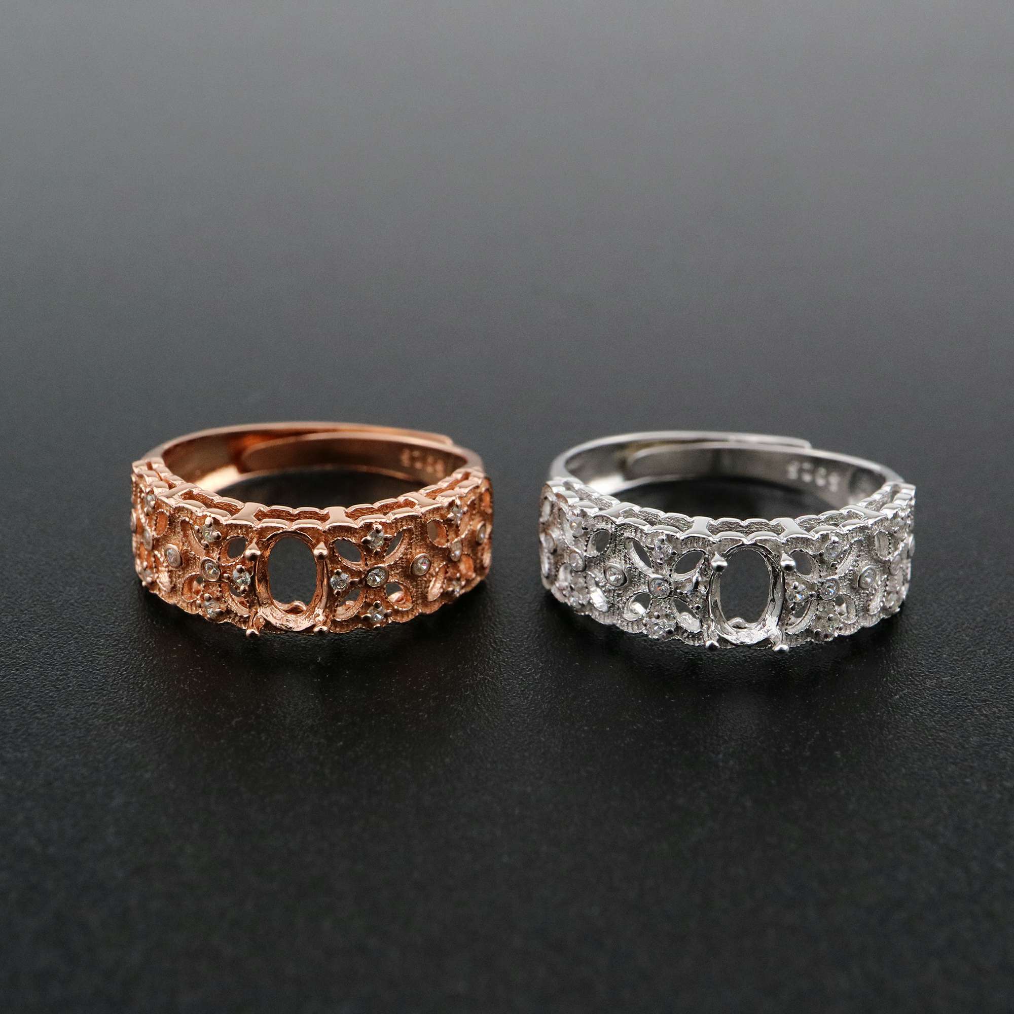 1Pcs 4x6MM Oval Bezel Vintage Style Filigree Shank Rose Gold Plated Solid 925 Sterling Silver Adjustable Prong Ring Settings Blank for Gemstone 1224035 - Click Image to Close