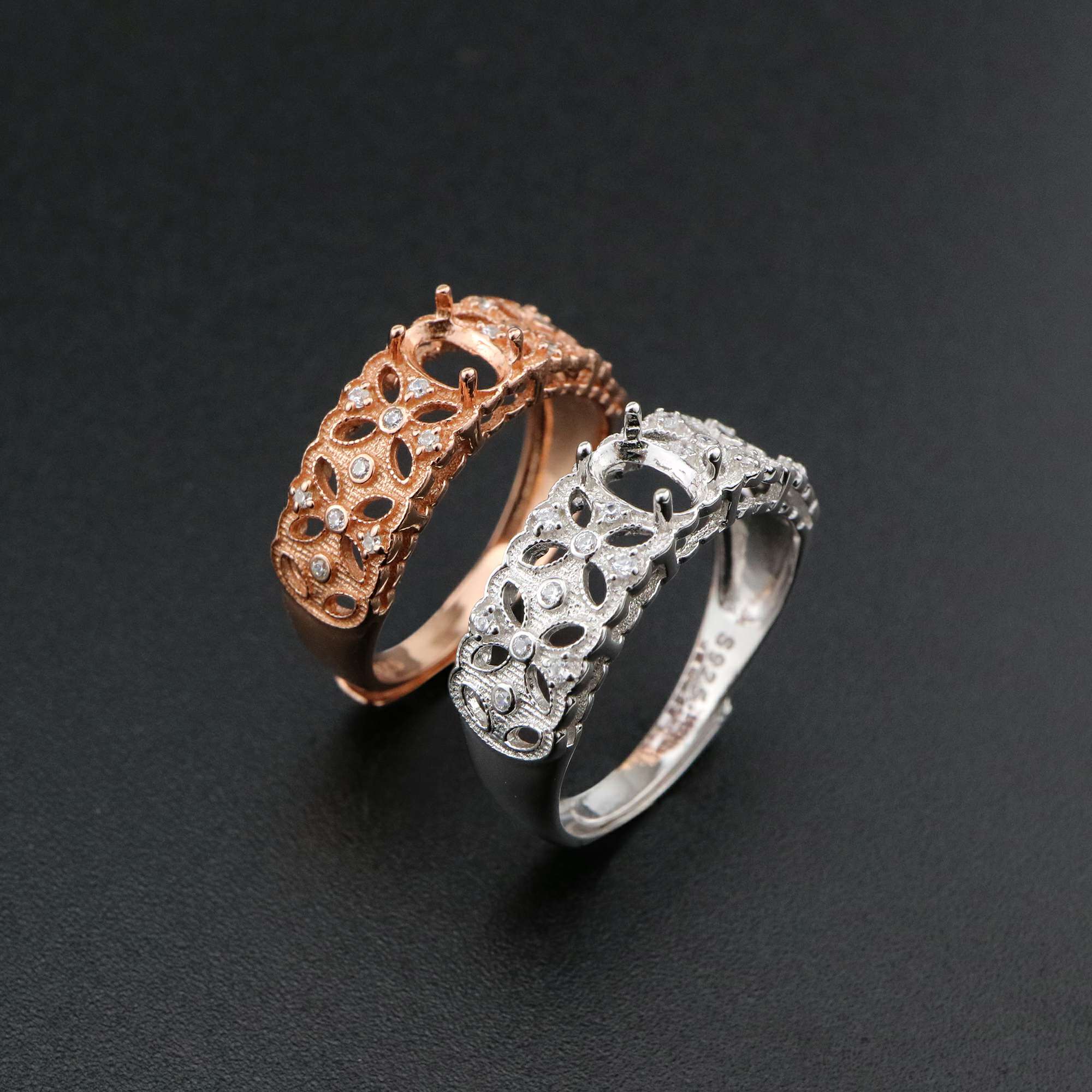 1Pcs 4x6MM Oval Bezel Vintage Style Filigree Shank Rose Gold Plated Solid 925 Sterling Silver Adjustable Prong Ring Settings Blank for Gemstone 1224035 - Click Image to Close