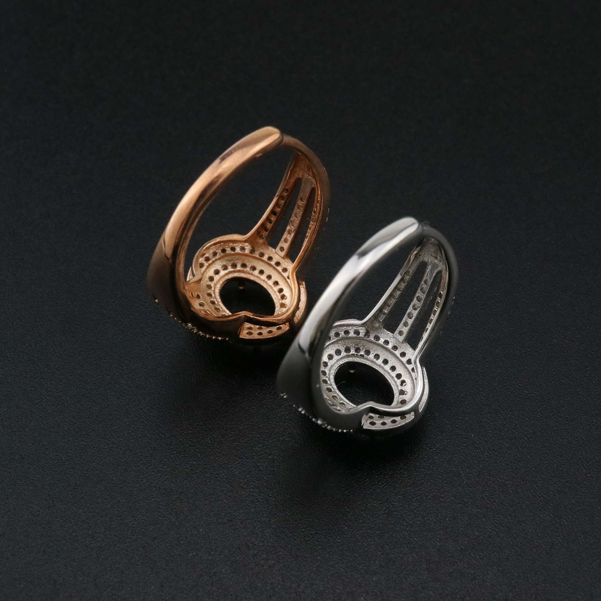 1Pcs 6x8MM Oval Prong Ring Settings Blank Adjustable Double Halo Pave CS Stone Rose Gold Plated Solid 925 Sterling Silver DIY Bezel for Gemstone 1224041 - Click Image to Close