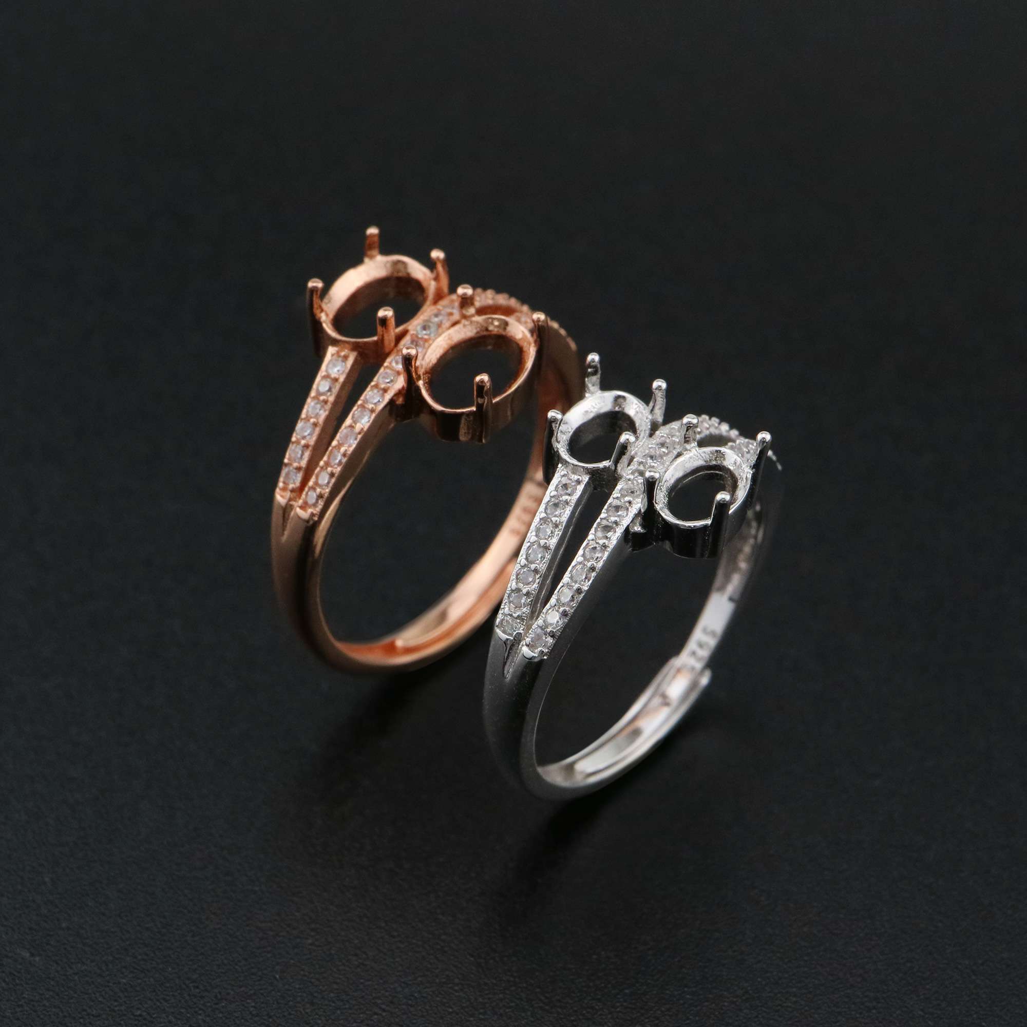 1Pcs Oval Prong Ring Settings Blank Adjustable 2 Stones Pave CS Stone Rose Gold Plated Solid 925 Sterling Silver DIY Bezel for Gemstone 1224045 - Click Image to Close