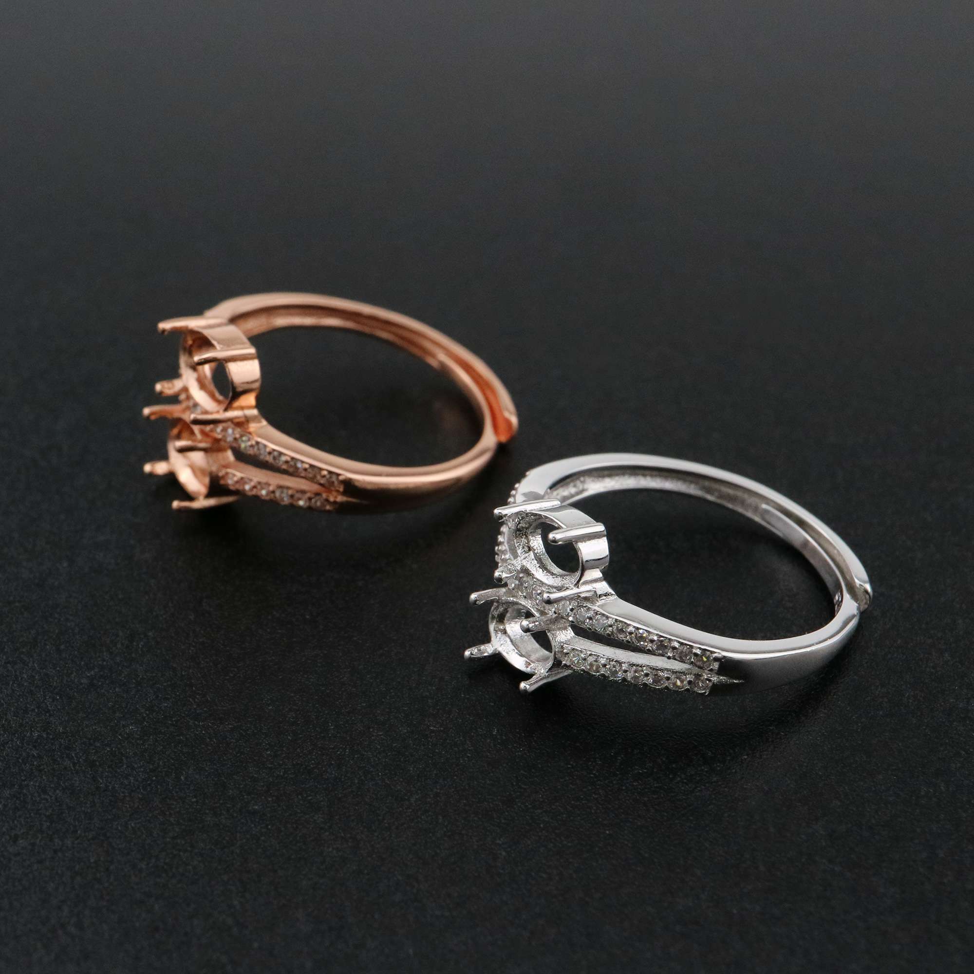 1Pcs Oval Prong Ring Settings Blank Adjustable 2 Stones Pave CS Stone Rose Gold Plated Solid 925 Sterling Silver DIY Bezel for Gemstone 1224045 - Click Image to Close