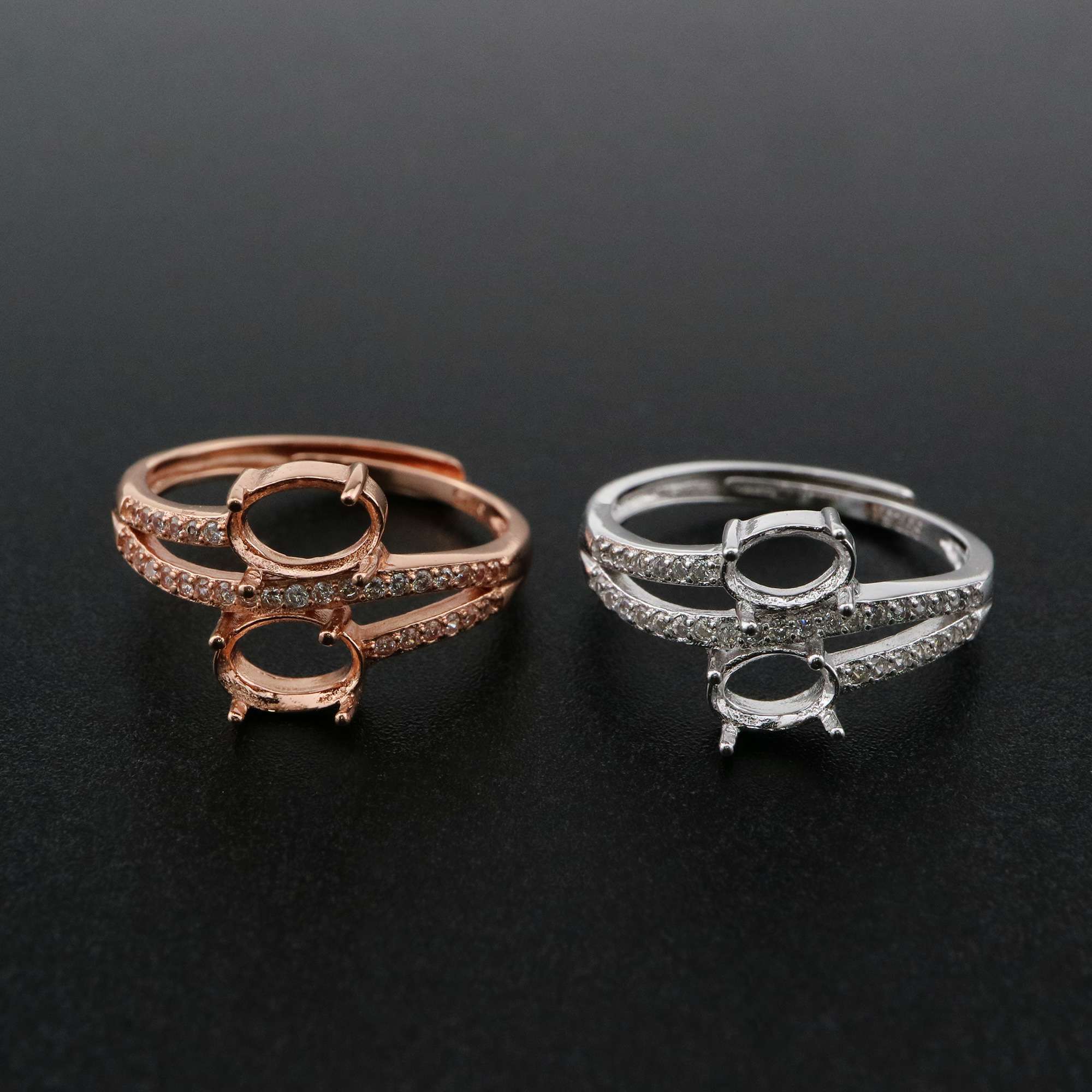 1Pcs Oval Prong Ring Settings Blank Adjustable 2 Stones Pave CS Stone Rose Gold Plated Solid 925 Sterling Silver DIY Bezel for Gemstone 1224045 - Click Image to Close