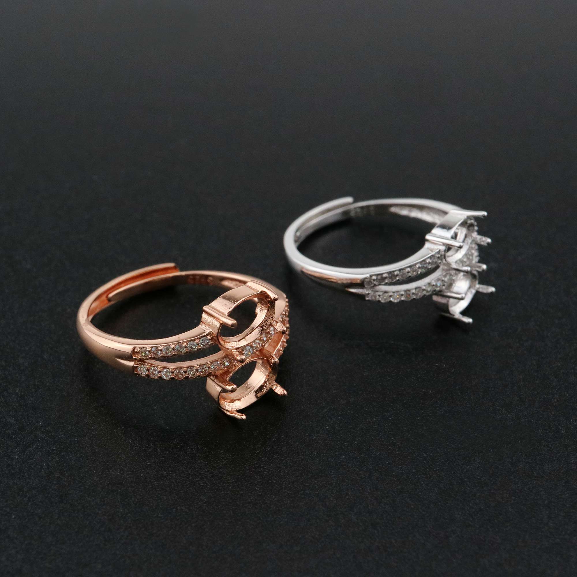 1Pcs Oval Prong Ring Settings Blank Adjustable 2 Stones Pave CS Stone Rose Gold Plated Solid 925 Sterling Silver DIY Bezel for Gemstone 1224045 - Click Image to Close